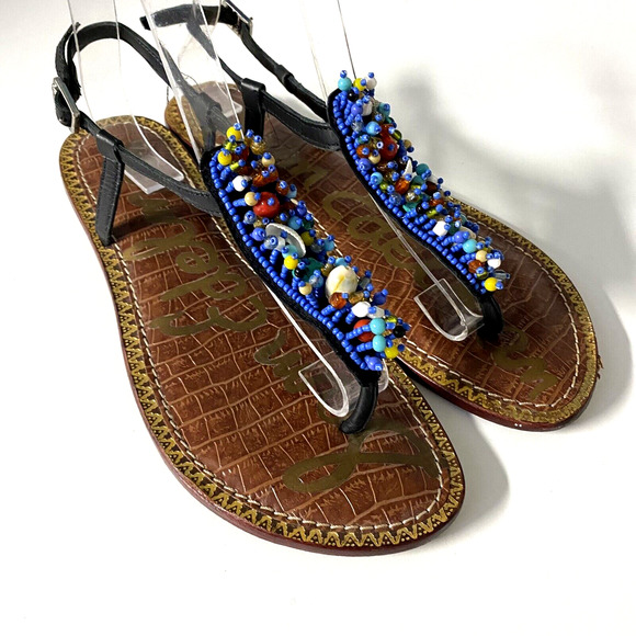 Sam Edelman Gigi Beaded Shell T Strap Flat Sandal Leather Thong Ankle st… - Picture 1 of 4